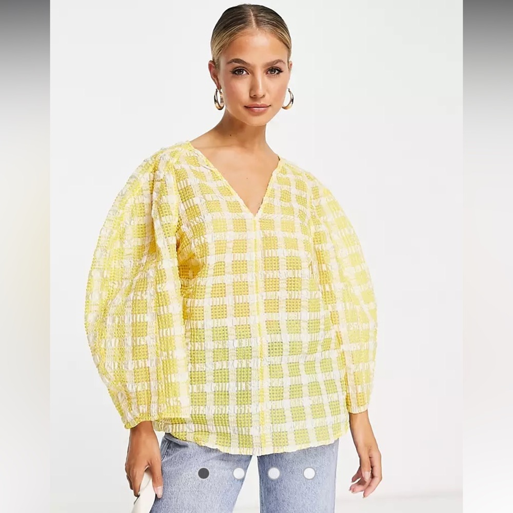 InWear Malva gingham volume sleeve blouse yellow white size 10